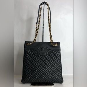 Tory Burch Black Quilted Shoulder Tote with Chain Straps